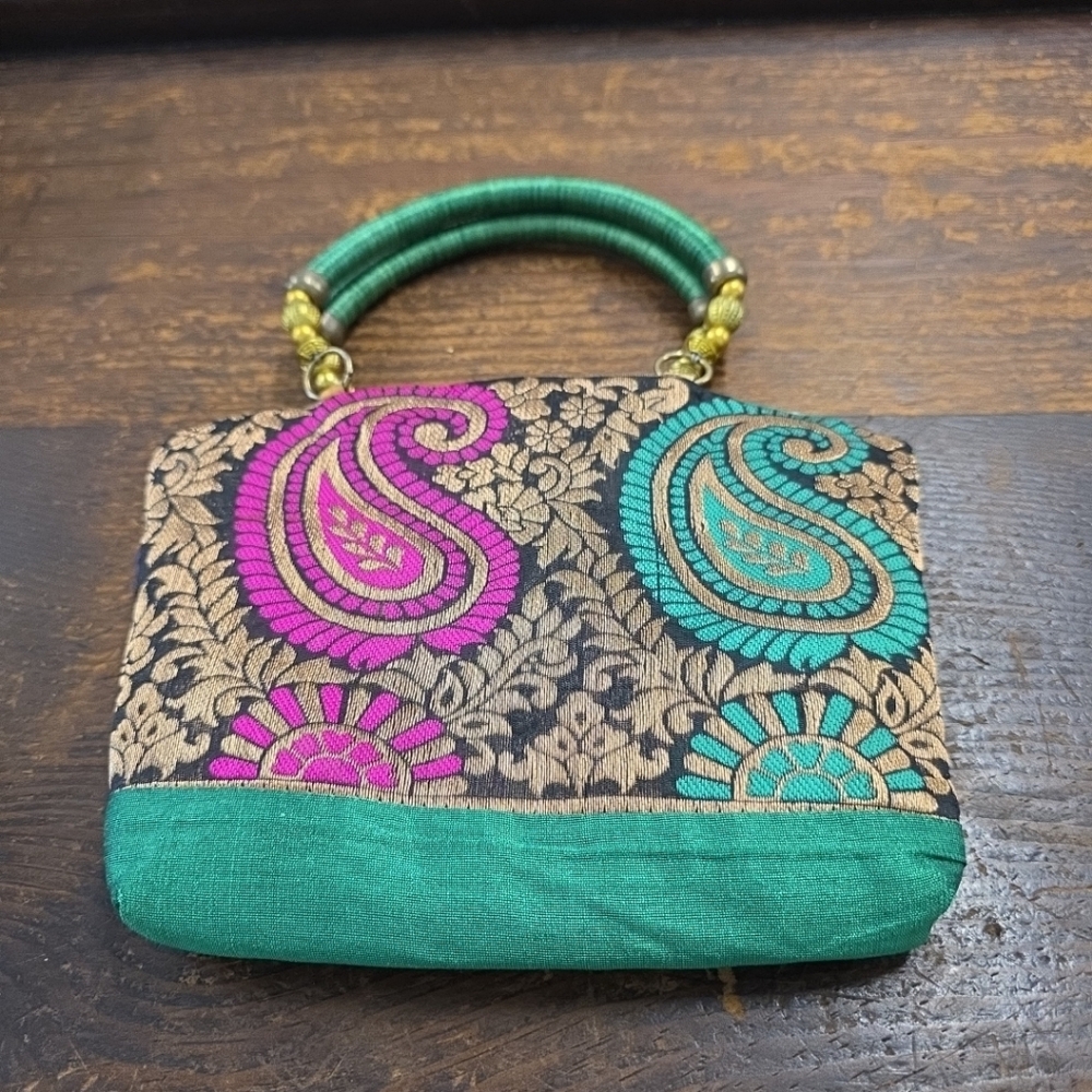 Elegant Paisley Embroidered Handbag - Green and Pink